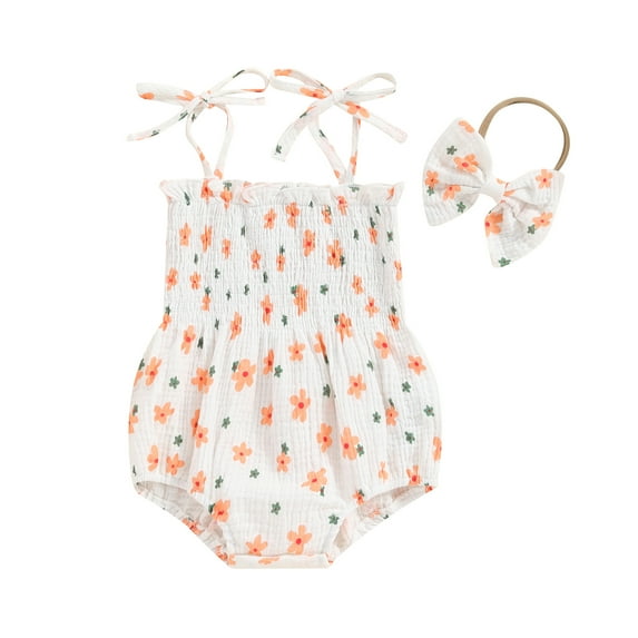 Aojekbee Baby Girl 2Pcs Summer Outfits Cute Sleeveless Tie Strap Floral Romper with Headband Set Newborn Clothes