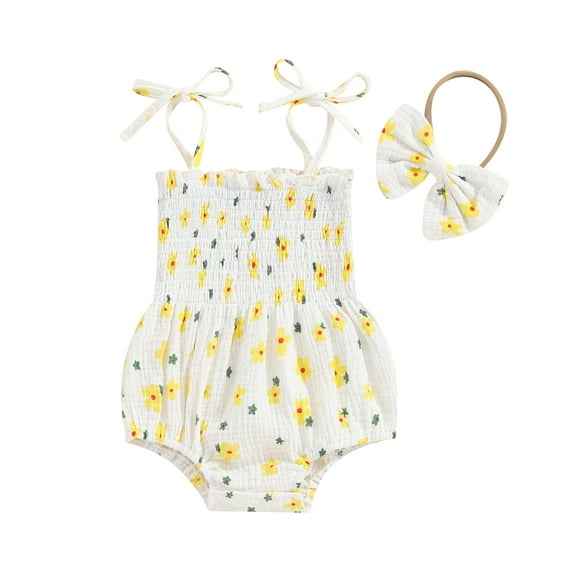 Aojekbee Baby Girl 2Pcs Summer Outfits Cute Sleeveless Tie Strap Floral Romper with Headband Set Newborn Clothes
