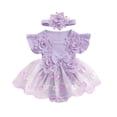thumbnail image 1 of Aojekbee Baby Girl 2Pcs Summer Outfits Fly Sleeve Floral Embroidered Romper Tulle Dress with Headband Set, 1 of 10