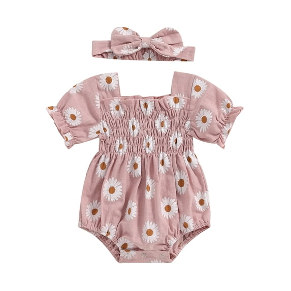 Aojekbee Baby Girl 2Pcs Summer Outfits Short Sleeve Daisy Print Smocked Romper with Headband Set Newborn Clothes