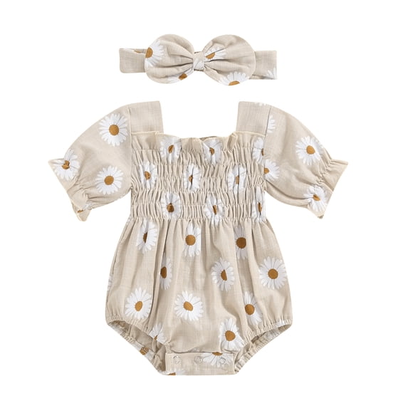 Aojekbee Baby Girl 2Pcs Summer Outfits Short Sleeve Daisy Print Smocked Romper with Headband Set Newborn Clothes
