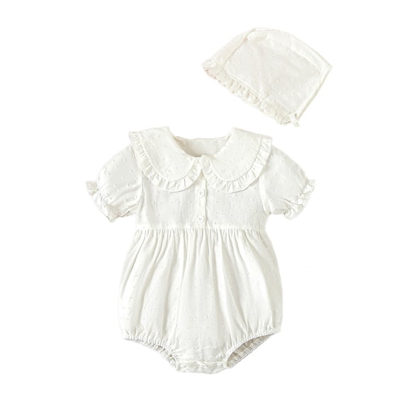 Aojekbee Baby Girl 2Pcs Summer Outfits Short Sleeve Doll Collar Button Front Romper with Bonnet Set Infant Clothes