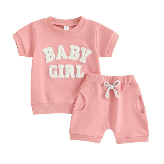 Aojekbee Baby Girl 2Pcs Summer Outfits Short Sleeve Letter Embroidery T-Shirt + Shorts Set Infant Clothes