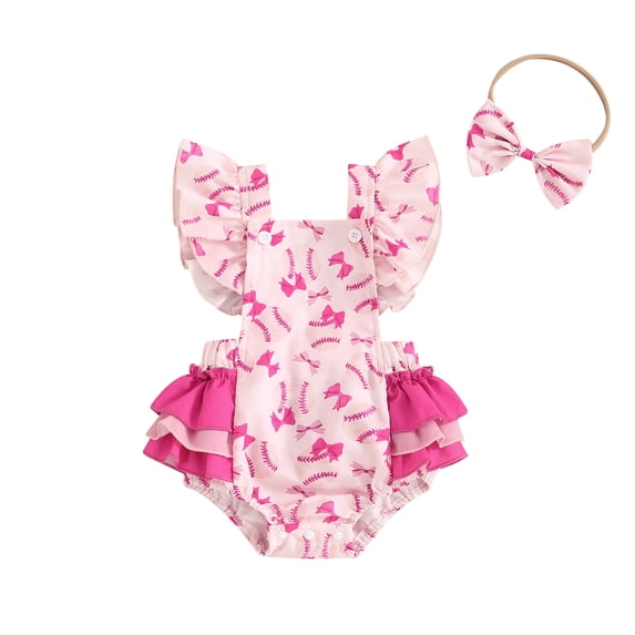 Aojekbee Baby Girl 2Pcs Summer Outfits Sleeveless Baseball Print Ruffle Romper with Headband Set Infant Clothes