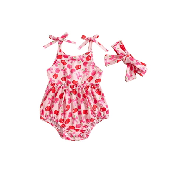 Aojekbee Baby Girl 2Pcs Summer Outfits Sleeveless Tie Strap Fruit/Floral Print Romper with Headband Set Newborn Clothes