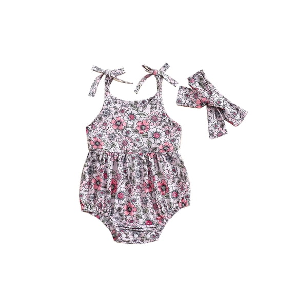 Aojekbee Baby Girl 2Pcs Summer Outfits Sleeveless Tie Strap Fruit/Floral Print Romper with Headband Set Newborn Clothes