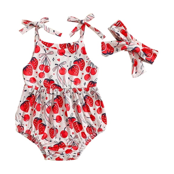 Aojekbee Baby Girl 2Pcs Summer Outfits Sleeveless Tie Strap Fruit/Floral Print Romper with Headband Set Newborn Clothes