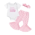 thumbnail image 1 of Aojekbee Baby Girl 3 Piece Outfit, Letter Embroidery Short Sleeve Romper Checkerboard Flare Pants Headband Toddler Summer Set, 1 of 10