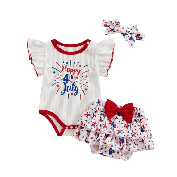 Aojekbee Baby Girl 4th of July Outfit Letter Print Flying Sleeve Romper with Star Bow Shorts and Headband