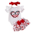 thumbnail image 1 of Aojekbee Baby Girl Baseball Outfit, Letter Print Short Sleeve Romper Layered Ruffle Shorts Bow Headband 3 Piece Set for Summer, 1 of 10