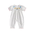 thumbnail image 1 of Aojekbee Baby Girl Birthday Romper Casual Stylish Embroidered Dot Print Smocked Crew Neck Short Sleeve Infant Jumpsuit, 1 of 9