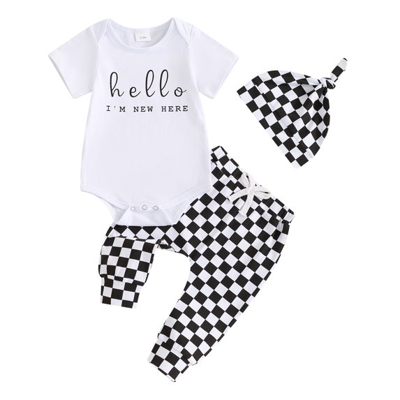 Aojekbee Baby Girl Boy 3 Piece Summer Set, Letter Print Short Sleeve Romper Checkerboard Pants Hat Infant Newborn Outfits