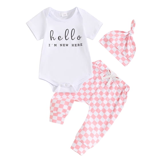 Aojekbee Baby Girl Boy 3 Piece Summer Set, Letter Print Short Sleeve Romper Checkerboard Pants Hat Infant Newborn Outfits