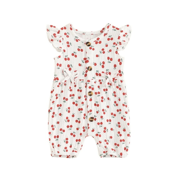 Aojekbee Baby Girl Casual Jumpsuit Summer Cherry/Carrot Print Button Romper Pants for Newborn Toddler Cute Clothes
