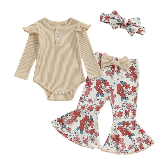 Aojekbee Baby Girl Fall Outfit, Ruffle Ribbed Long Sleeve Romper Flower Flare Pants Tie Bow 3 Piece Set
