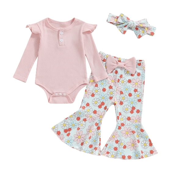 Aojekbee Baby Girl Fall Outfit, Ruffle Ribbed Long Sleeve Romper Flower Flare Pants Tie Bow 3 Piece Set