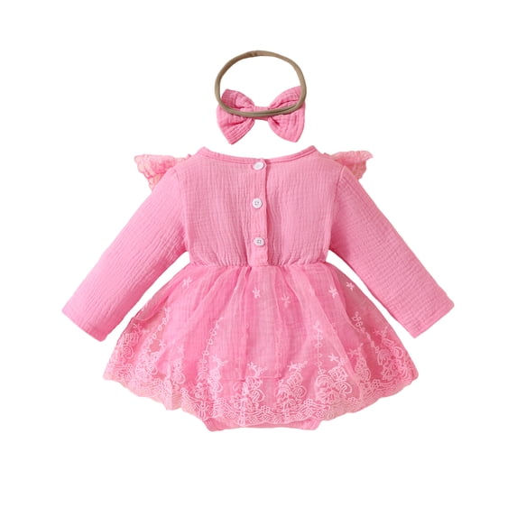 Aojekbee Baby Girl Fall Outfits, 3D Flower Long Sleeve Patchwork Mesh Romper Dress Bow Headband 2 Piece Set