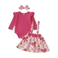 thumbnail image 1 of Aojekbee Baby Girl Fall Outfits Solid Color Long Sleeve Romper Floral/Strawberry Print Suspender Skirt Headband 3Pcs Clothes Set, 1 of 9