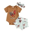 thumbnail image 1 of Aojekbee Baby Girl Farm Clothes Set Short Sleeve Romper with Hen Print Ruffled Shorts and Headband, 1 of 10