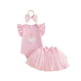 thumbnail image 1 of Aojekbee Baby Girl First Birthday Outfit Cupcake Embroidered Flying Sleeve Romper Tulle Skirt and Bow Headband 3 Piece Set, 1 of 9