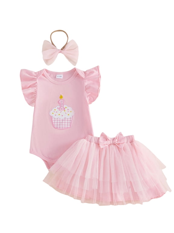 Baby Girl First Birthday Outfit Cupcake Embroidered Flying Sleeve Romper Tulle Skirt and Bow Headband 3 Piece Set