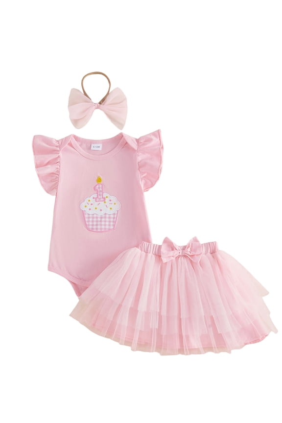 Baby Girl First Birthday Outfit Cupcake Embroidered Flying Sleeve Romper Tulle Skirt and Bow Headband 3 Piece Set
