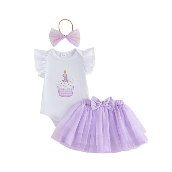 Aojekbee Baby Girl First Birthday Outfit Cupcake Embroidered Flying Sleeve Romper Tulle Skirt and Bow Headband 3 Piece Set