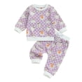 thumbnail image 1 of Aojekbee Baby Girl Halloween Outfit, Ghost Print Long Sleeve Sweatshirt Checkerboard Elastic Waist Pants 2 Piece Set for Fall, 1 of 10