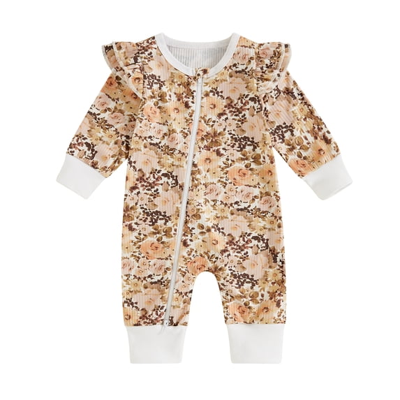 Aojekbee Baby Girl Jumpsuit Ruffle Long Sleeve Round Neck Floral Print Romper Infant Spring Fall Outfit