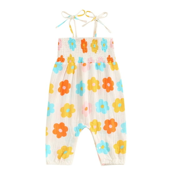 Aojekbee Baby Girl Romper Flower Print Shirred Neck Tie-Up Spaghetti Straps Jumpsuit Toddler Summer Overalls
