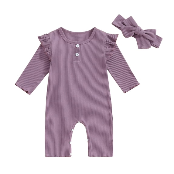 Aojekbee Baby Girl Rompers Solid Color Buttons Crew Neck Long Sleeve Jumpsuits Fall Clothes Bodysuits with Headband
