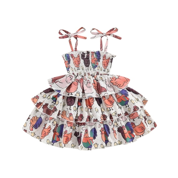 Aojekbee Baby Girl Summer Dress Sleeveless Tie Strap Neck Farm Animal Print A-Line Dress Toddler Casual Dress