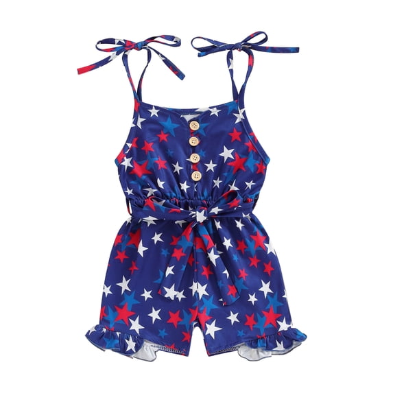 Aojekbee Baby Girl Summer Jumpsuit 4th of July Outfits Star Print Sleeveless Romper Playsuit with Belt for Toddler Cute Clothes