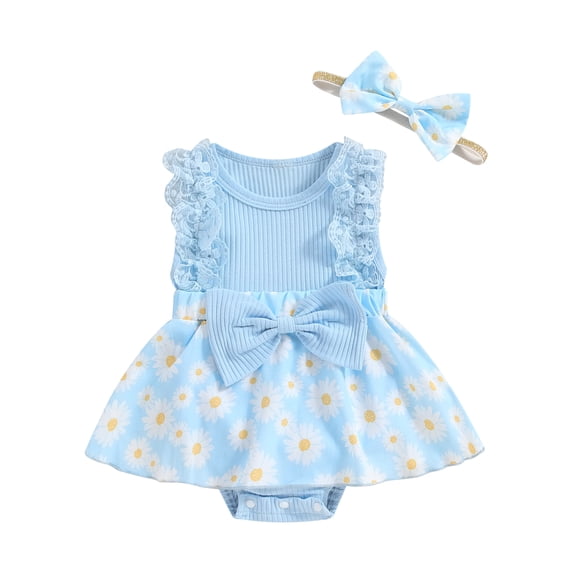 Aojekbee Baby Girl Summer Jumpsuit Daisy Print Cute Bow Sleeveless Romper Dress and Headband Set Cute Fashion Clothes Outfits