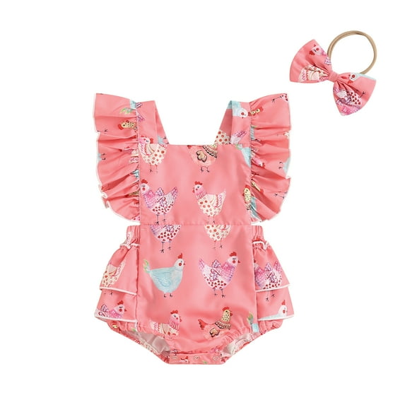 Aojekbee Baby Girl Summer Jumpsuit Farm Chicken Print Ruffle Romper and Headband Set Cute Fashion Clothes Outfits