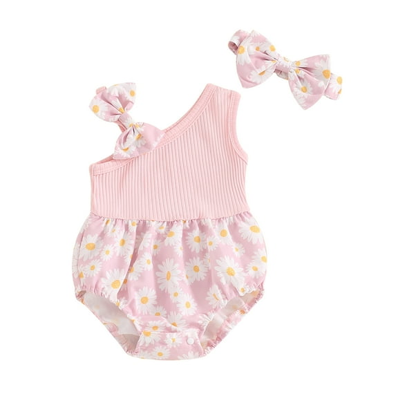 Aojekbee Baby Girl Summer Jumpsuit Floral Print Patchwork Sleeveless Romper and Headband Set Cute Fashion Clothes Outfits