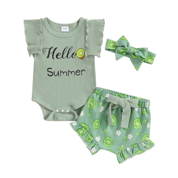Aojekbee Baby Girl Summer Outfits Letter Print Fly Sleeve Rompers Fruits Print Bowknot Shorts Headband 3Pcs Clothes Set