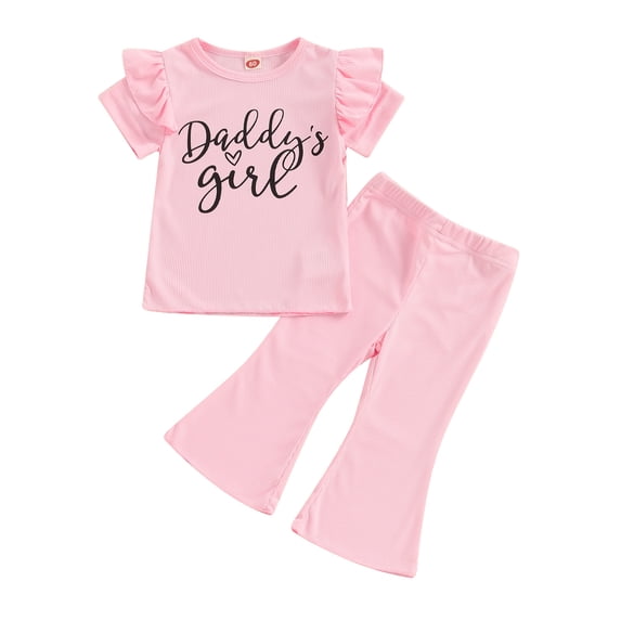 Aojekbee Baby Girl Summer Outfits Letter Print Short Sleeve T-Shirt and Elastic Flare Pants Cute 2 Piece Clothes