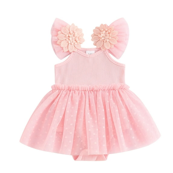 Aojekbee Baby Girl Summer Romper Dress Casual Mesh Patchwork Ruffles Ribbed Jumpsuit for Newborn Toddler Cute Clothes