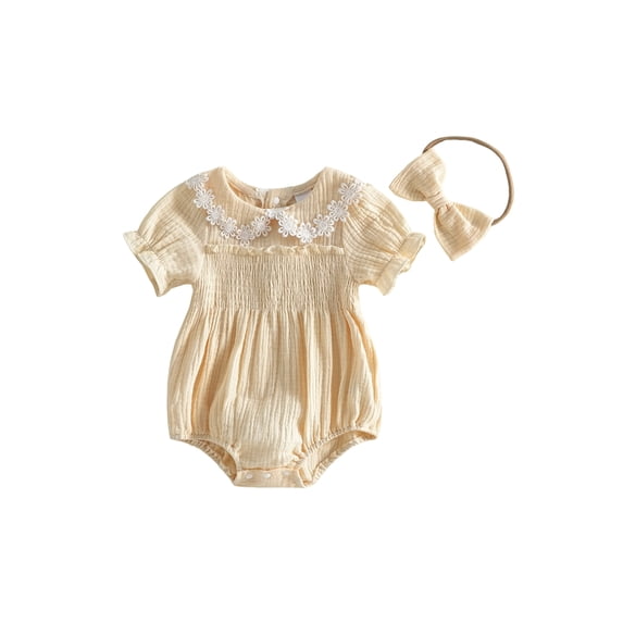 Aojekbee Baby Girl Summer Romper Fashionable Flower Trim Short Bubble Sleeve Smocked Jumpsuit with Headband