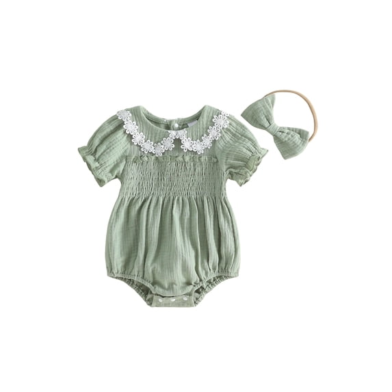 Aojekbee Baby Girl Summer Romper Fashionable Flower Trim Short Bubble Sleeve Smocked Jumpsuit with Headband