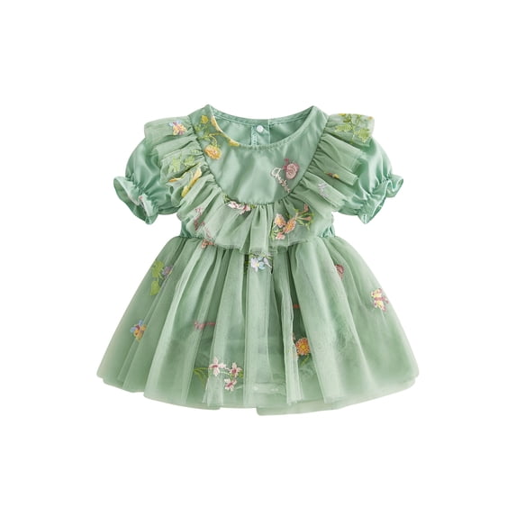 Aojekbee Baby Girl Summer Tulle Patchwork Romper Short Sleeve Round Neck Floral Embroidery Romper Dress