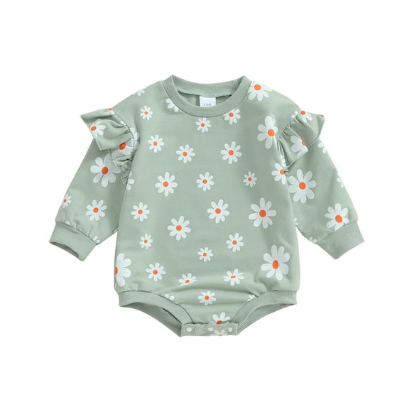 Aojekbee Baby Girl Sweatshirt Romper Flower Print Round Neck Long Sleeve Bubble Jumpsuit for Fall
