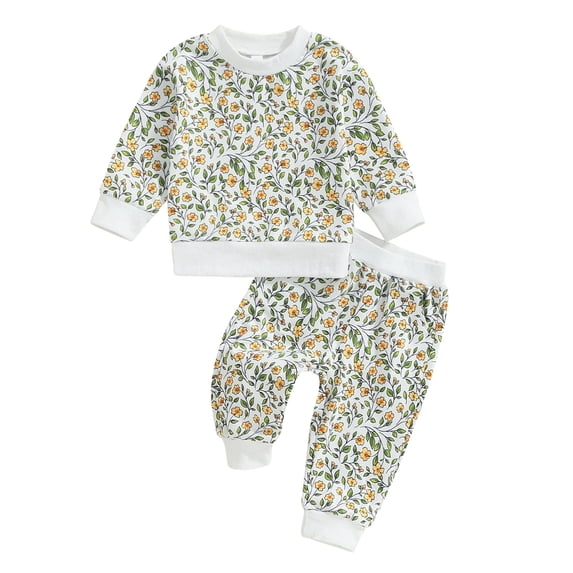 Aojekbee Baby Girls 2-piece Outfit, Floral Long Sleeve Crew Neck Sweatshirt with Elastic Waist Sweatpants Fall Clothes