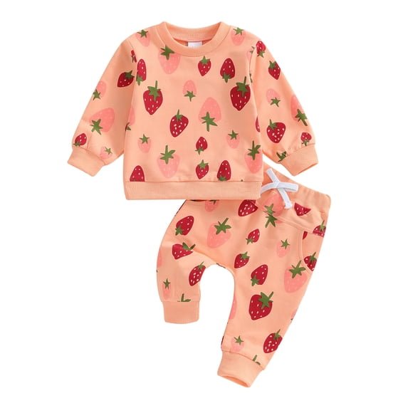 Aojekbee Baby Girls 2-piece Outfit, Strawberry Print Long Sleeve Crew Neck Sweatshirt with Elastic Waist Sweatpants Fall Clothes