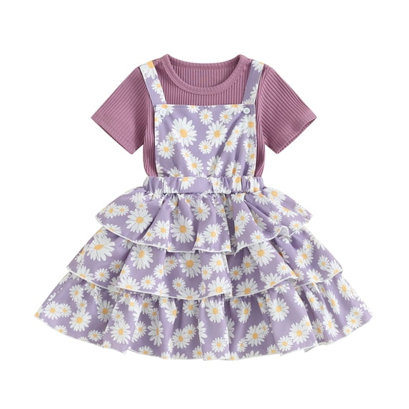 Aojekbee Baby Girls 2Pcs Summer Outfits Short Sleeve Ribbed Tops + Daisy Suspender Skirt Set Kid Clothes