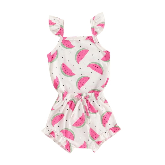 Aojekbee Baby Girls 2Pcs Summer Outfits Sleeveless Watermelon/Floral Print Strap Romper + Shorts Set Infant Clothes