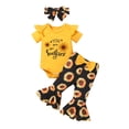 thumbnail image 1 of Aojekbee Baby Girls 3 Piece Outfit Sunflower Letter Print Short Sleeves Romper and Flare Pants Headband Summer Clothes, 1 of 10