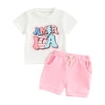 thumbnail image 1 of Aojekbee Baby Girls 4th of July Outfit Letter Print Short Sleeve T-Shirt and Elastic Shorts Set Cute Summer 2 Piece Clothes, 1 of 10