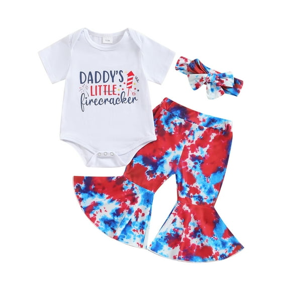 Aojekbee Baby Girls 4th of July Outfits Short Sleeve Romper + Tie-dye Flare Pants + Headband Set Newborn Clothes